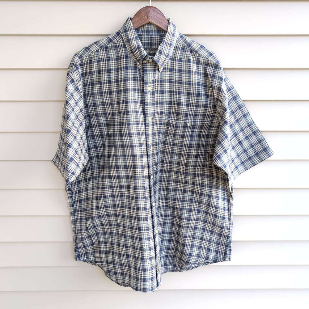 VTG 90s Timberland Weathergear Plaid Shirt Mens L Blue Short Sleeve Button Down